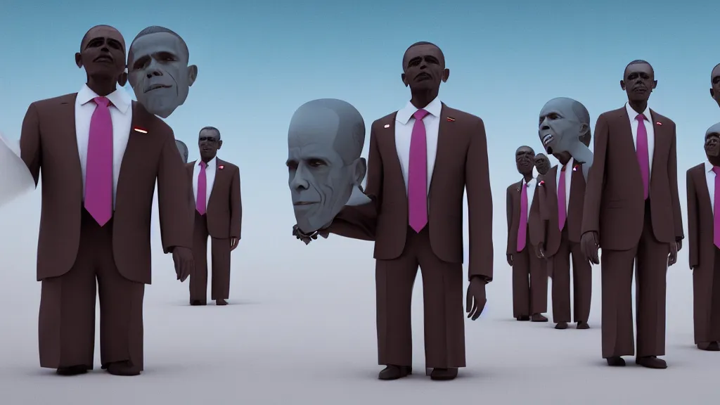 Image similar to vampire Obama clones carrying an Obama god head ; render by Beeple, 4K