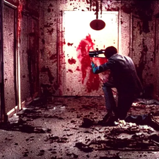 Prompt: filmic extreme realistic wide shot dutch angle movie still 35mm film color photograph of a doctor getting his head blown off by a double barreled shotgun, brain matter and blood splattering, in the style of a crime thriller horror film