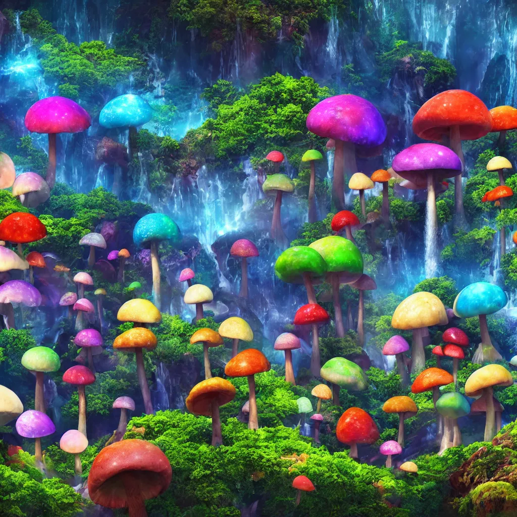 Image similar to colorful alien planet background, giant mushrooms, waterfall, tropical vegetation, landscape, rocks, anime, octane render, 4 k, ingame shot