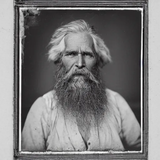 Prompt: an analog 4x5 camera portrait photography of a 1890s Alaskan Miner, grizzled, old, commanding, dominant, cinematic, grey hair, metal engraving plate tin type photography, hq, detailed, realistic