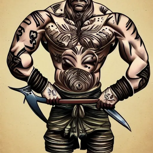 Image similar to muscular bald man, tattooed body, sword in hands, HD, anime style,