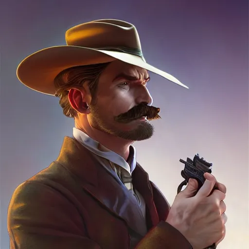 Image similar to Three quarters portrait of a gentleman gunslinger with a moustache, highly detailed, digital painting, art by Stanley Lau and Artgerm and magali villeneuve and Alphonse Mucha, artstation, octane render, cgsociety