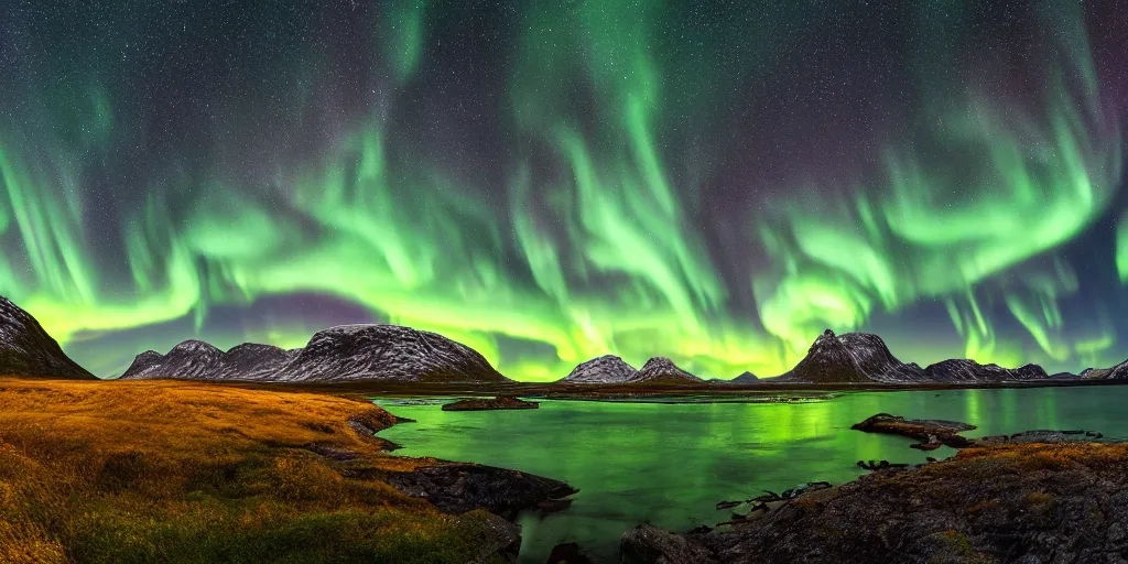 Image similar to a beautiful landscape photo in northern Norway by a famous landscape photographer, night sky with stars and green northern lights, long exposure, wide angle lens, rule of thirds