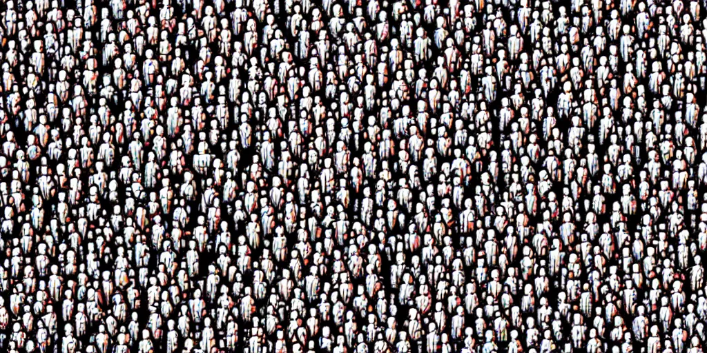 Image similar to where is waldo in a huge sci fi city millions of tiny humans and aliens