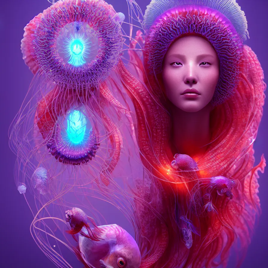 Image similar to goddess close-up portrait. orchid jellyfish phoenix head, nautilus, skull, betta fish, bioluminiscent creatures, intricate artwork by Tooth Wu and wlop and beeple. octane render, trending on artstation, greg rutkowski very coherent symmetrical artwork. cinematic, hyper realism, high detail, octane render, 8k