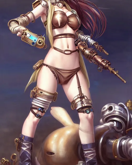 Image similar to portrait Anime Girl in bikini armor steampunk cute-fine-face, pretty face, realistic shaded Perfect face, fine details. Anime. Bioshock steampunk realistic shaded lighting by katsuhiro otomo ghost-in-the-shell, magali villeneuve, artgerm, rutkowski Jeremy Lipkin and Giuseppe Dangelico Pino and Michael Garmash and Rob Rey