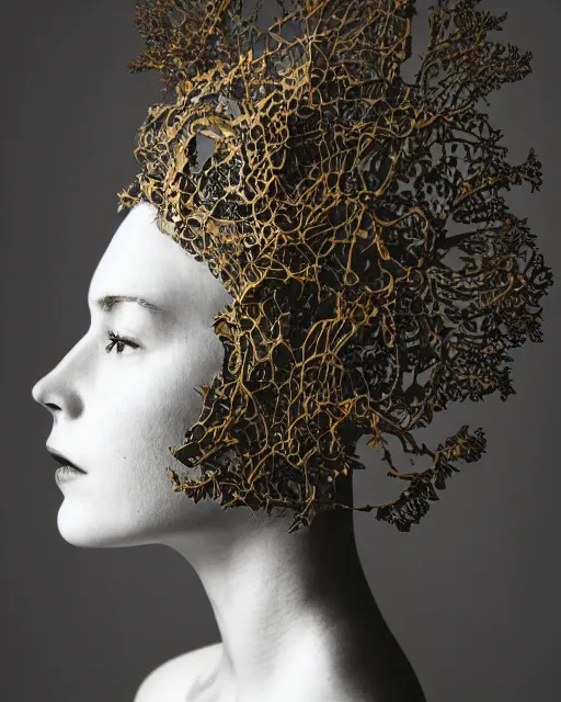 Prompt: a woman's face in profile, wearing a space helmet made of intricate delicate seaweed skeleton, in the style of the dutch masters and gregory crewdson, dark and moody