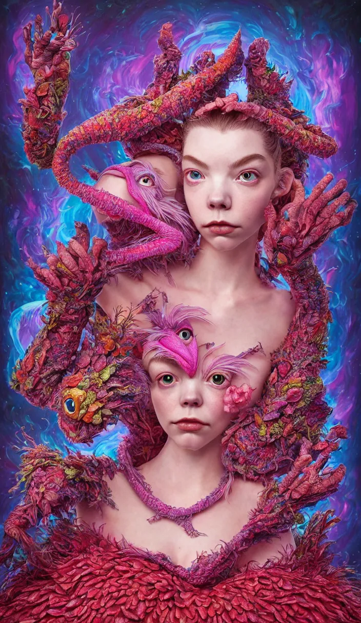 Image similar to hyper detailed 3d render like a Oil painting - kawaii portrait of quirky Aurora (a beautiful skeksis muppet fae queen from dark crystal that looks like Anya Taylor-Joy) seen red carpet photoshoot in UVIVF posing in scaly dress to Eat of the Strangling network of yellowcake aerochrome and milky Fruit and His delicate Hands hold of gossamer polyp blossoms bring iridescent fungal flowers whose spores black the foolish stars by Jacek Yerka, Ilya Kuvshinov, Mariusz Lewandowski, Houdini algorithmic generative render, Abstract brush strokes, Masterpiece, Edward Hopper and James Gilleard, Zdzislaw Beksinski, Mark Ryden, Wolfgang Lettl, hints of Yayoi Kasuma and Dr. Seuss, octane render, 8k