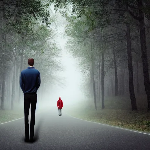 Prompt: super ultra realistic image man standing on an nostalgic street the background is a huge forest the road is between a forest it is raining and also fog