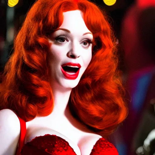 Prompt: Fine art photography of Christina Hendricks as Jessica Rabbit, on stage, in the movie Who Framed Roger Rabbit, highly detailed and intricate, HDR 8k