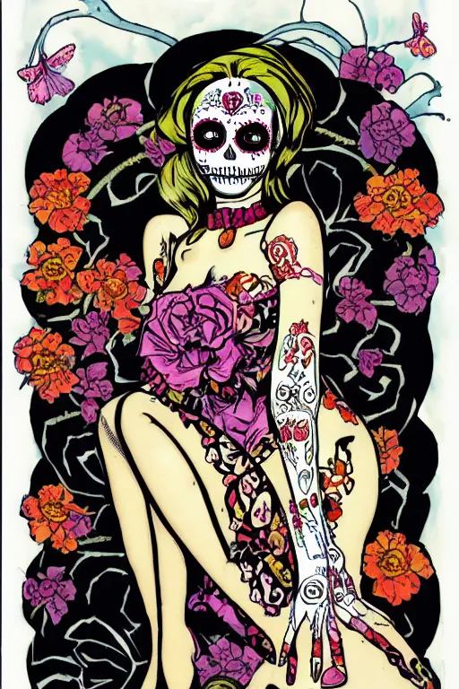 Image similar to Illustration of a sugar skull day of the dead girl, art by howard chaykin