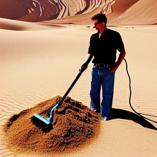 Image similar to beautiful photograph of a man vacuuming sand in a desert