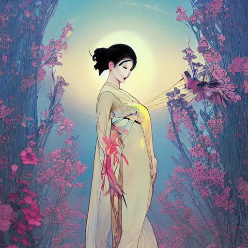 Prompt: a beautiful painting of a girl flying to the moon, wearing ancient chinese clothes, clothes floating, dramatic lighting, complementary colors, in the style of thomas river and ilya kuvshinov, alphonse mucha, miho hirano, beautiful detailed illustration