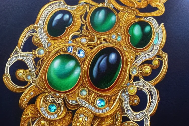 Prompt: highly detailed oil painting, very realistic gemstones, top view, art nouveau, ornate, delicate, brilliant precious gemstones necklace, dramatic light,