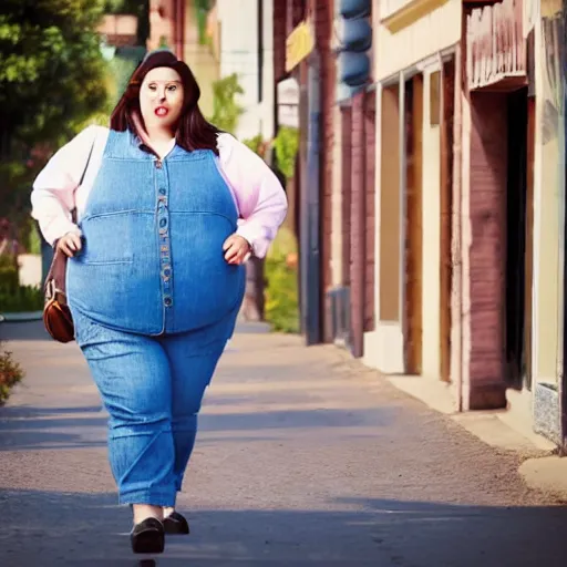 Prompt: a giant beautiful chubby well - dressed woman walking around a small town, photo, realistic