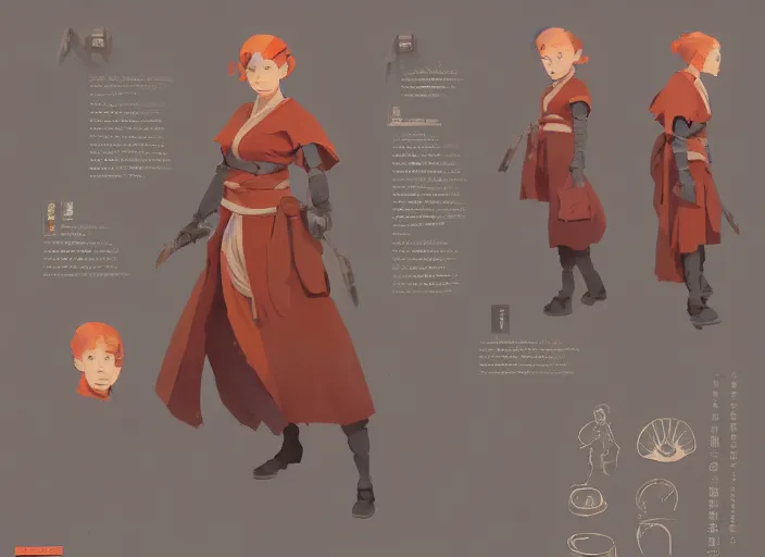 Image similar to character sheet for a ginger woman, for genshin impact by greg rutkowski, james gilleard, atey ghailan, makoto shinkai, goro fujita, studio ghibli, rim light, exquisite lighting, clear focus, very coherent, plain background, soft painting by huang guangjian and gil elvgren and sachin teng