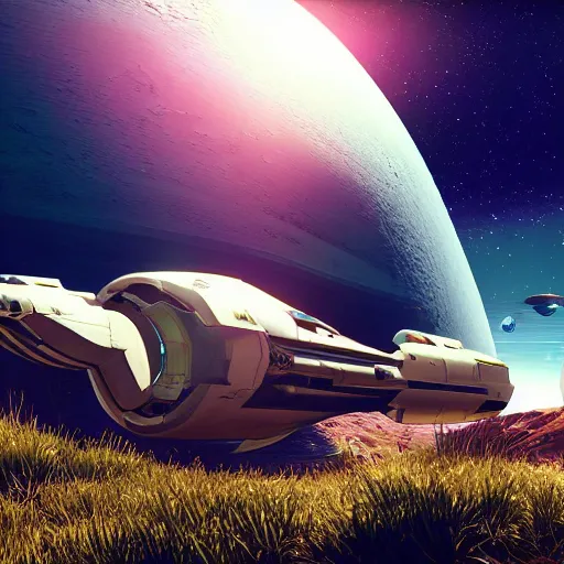 Prompt: a dreamy digital render of a spaceship in a bizarre planet. cinematic lighting. hyper realistic. 8k. detailed. no mans sky H-350 W-350