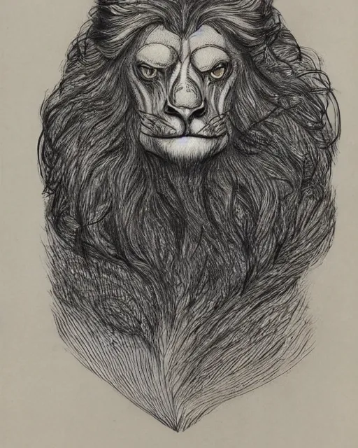 Prompt: a creature with the body and eyes of a man, beak of an eagle instead of the nose, the mane of a lion, two horns of an ox on the head. drawn by miura kentaro