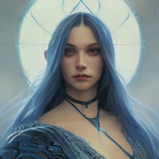 Image similar to portrait of a wizard with blue skin, elegant, intricate, highly detailed, digital painting, artstation, concept art, sharp focus, illustration, art by artgerm and greg rutkowski and alphonse mucha