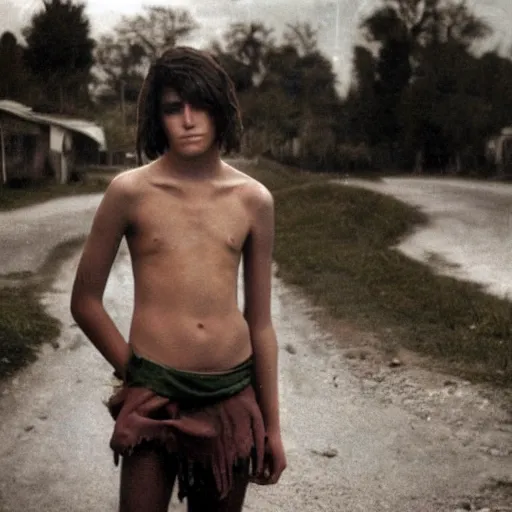 Image similar to a teenage boy, around 1 9 years old with natural brown hair, loincloth, pale skin. as homeless. detailed face. ominous and eerie looking street in background. natural color. hyperrealistic photo.