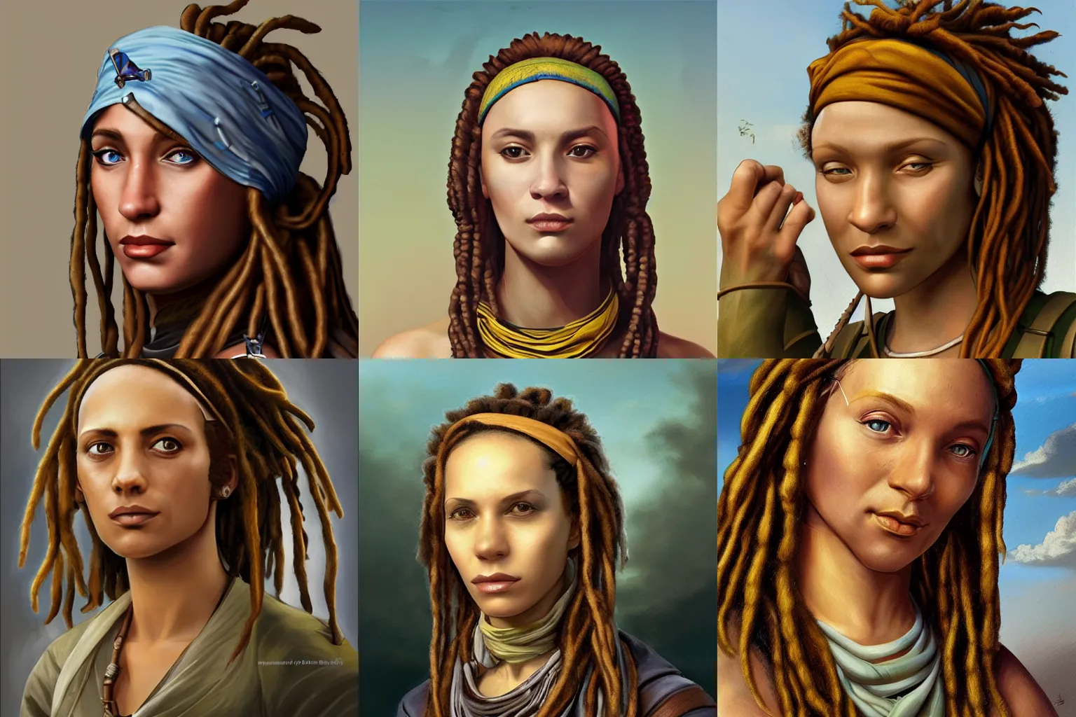 Prompt: closeup upper body artwork of a renaissance female field scientist with short dreadlocks and a bandanna, incredibly detailed, D&D, finished concept art, digital art by Vladimir Kush, trending on Artstation