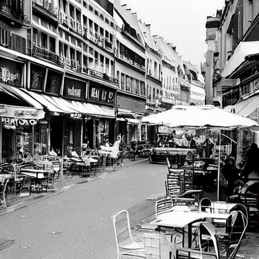Prompt: une rue de paris vide avec des voitures garees, un restaurant avec une terrasse, des boutiques avec des neons, en debut de matinee ( ( ( ( ( en 1 9 9 0 ) ) ) ) )