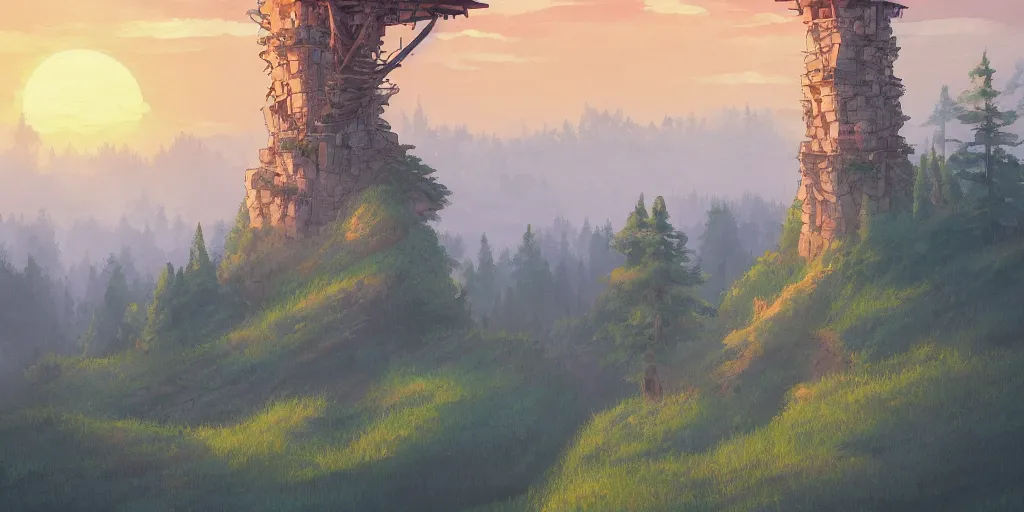 Image similar to dawn behind a very high tower made of wood, on the top of a summer hill, forest, painted by miyazaki, ghibli, artstation