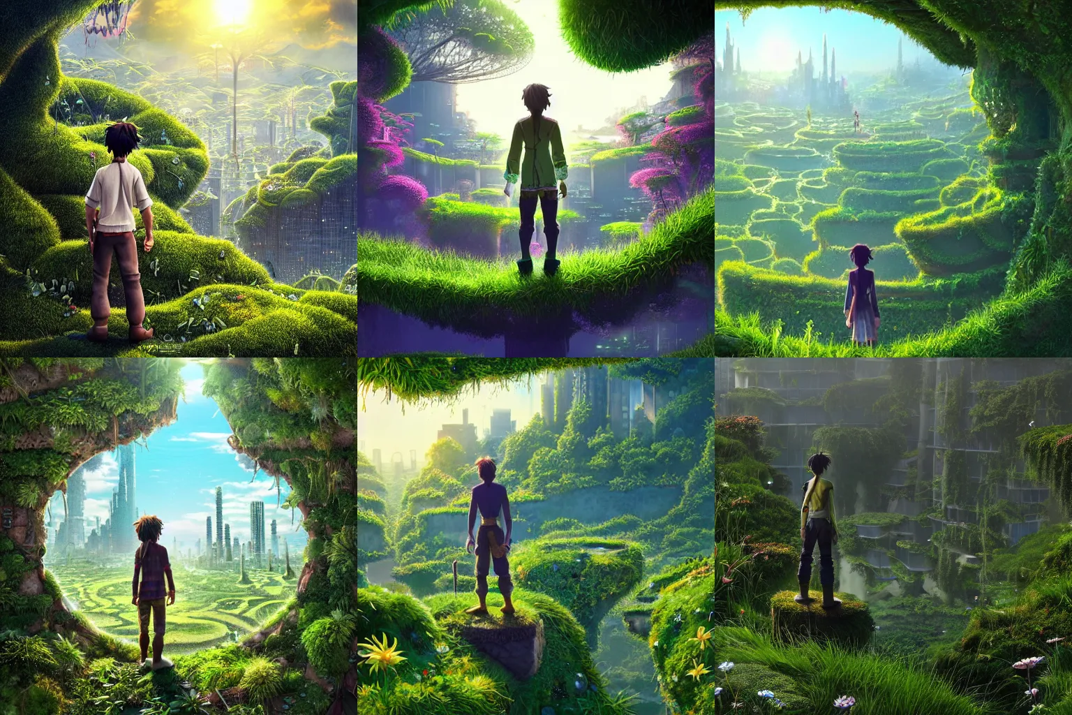 Prompt: highly detailed digital art of fractal shrek standing on an overgrown rooftop looking into the lush solarpunk city below, sunshine, kimi no na wa, trending on artstation, tranquil, by ghibli