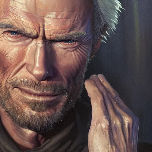 Image similar to highly detailed portrait, clint eastwood of cowboy, in gta v, stephen bliss, unreal engine, fantasy art by greg rutkowski, loish, rhads, ferdinand knab, makoto shinkai and lois van baarle, ilya kuvshinov, rossdraws, tom bagshaw, global illumination, radiant light, detailed and intricate environment