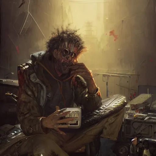 Image similar to henry dorsett case, middleaged shaggy cyborg, heavily augmented, wired, smoker, hacker, cyberpunk, painted by seb mckinnon, high detail, dramatic light, digital art, painted by greg rutkowski, promotional movie posterart, trending on artstation