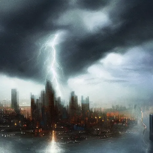 Image similar to enormous creature towering over a city during a thunderstorm, concept art
