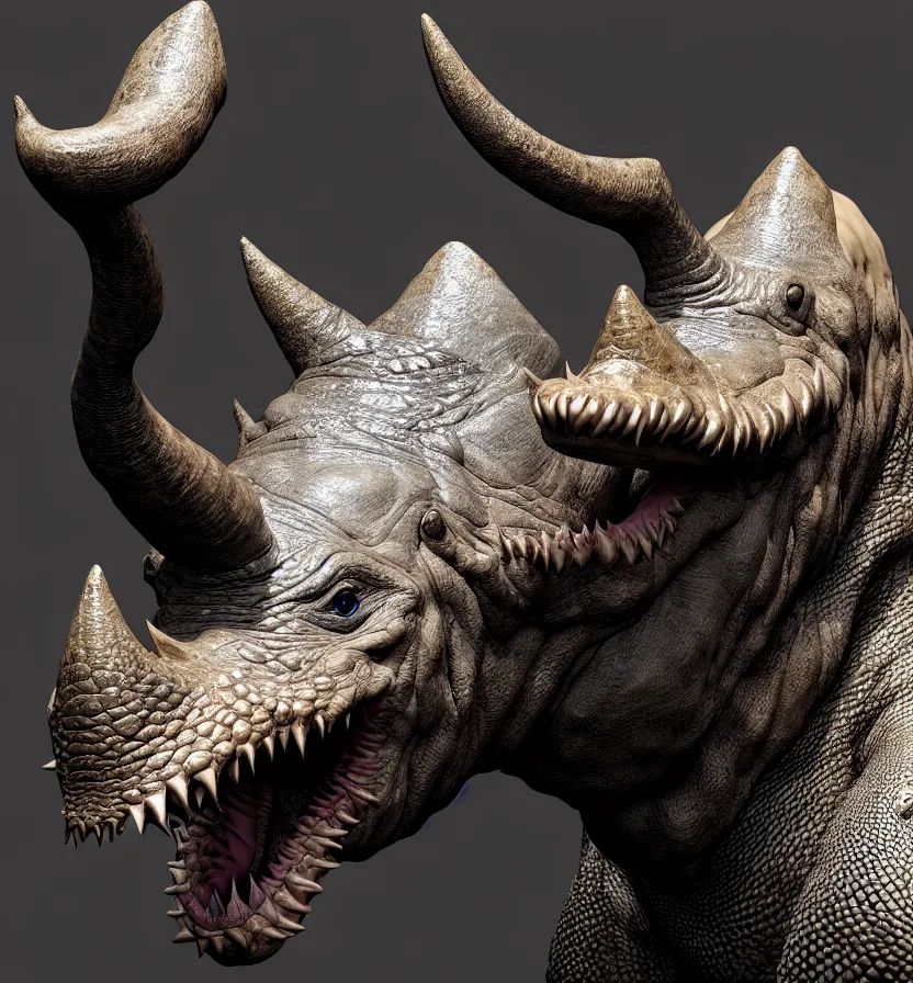 Image similar to antasy creature setting all : crocodile head : : 0. 5 the head has a symmetrical horn and tumor, and there is a rhino horn at the front of the beak, and the mouth is open to reveal a mouth full of fangs with huge wings, full body rich detail realistic photoreal photorealistic octane render 8 k