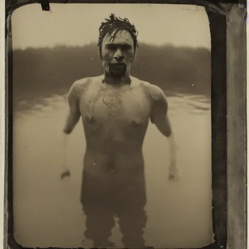 Image similar to A wet-collodion portrait of a man who is in a lake, half of his body is submerged while the other half is above the water, calming, serene, peaceful