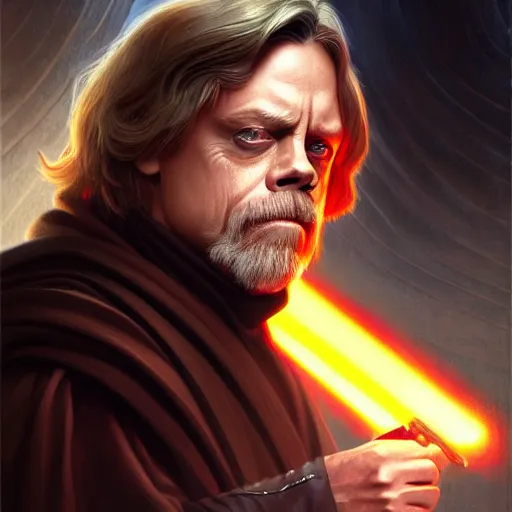 Image similar to Mark Hamill as a Sith Lord, western, D&D, fantasy, intricate, elegant, highly detailed, digital painting, artstation, concept art, matte, sharp focus, illustration, art by Artgerm and Greg Rutkowski and Alphonse Mucha