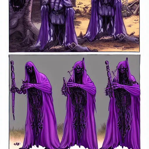 Prompt: cute undead purple cloaked liches, from the second edition of hollow's guide to summoning undead, summoning undead friends, highly detailed, by brom, by larry elmore, artstation