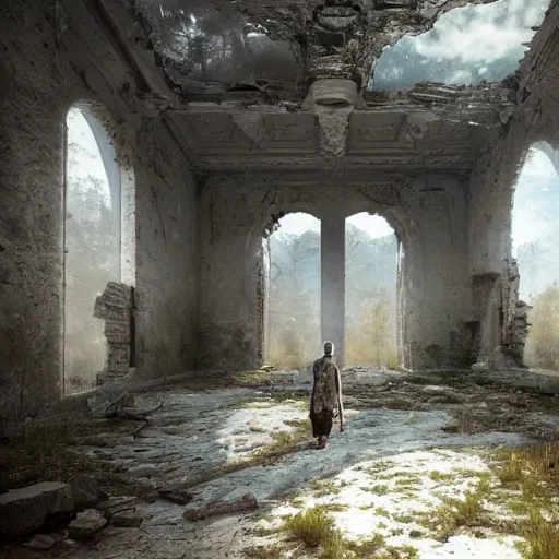 Prompt: lonely wanderer in abandoned ruins, trending on artstation, by Samori Nicola