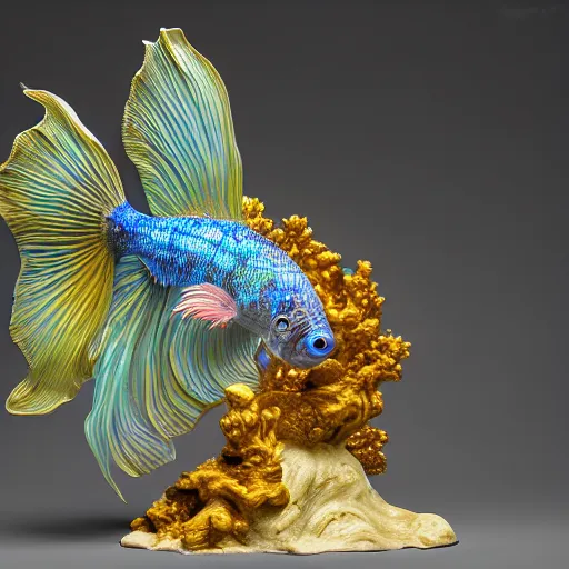 Prompt: a photo - real delicate ceramic porcelain sculpture of an ornate detailed betta fish in front of a intricate background by victo ngai and takato yamamoto, micro detail, backlit lighting, subsurface scattering, translucent, thin porcelain, octane renderer, colorful, physically based rendering, japanese pottery, trending on cgsociety