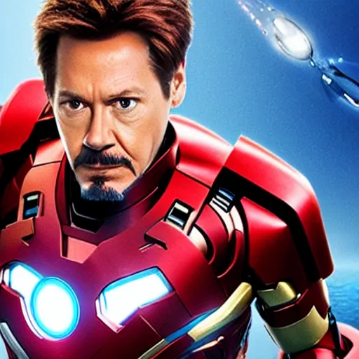 Prompt: film still of Kevin Bacon as Tony Stark in Ironman armor without the head piece in the new Avengers movie