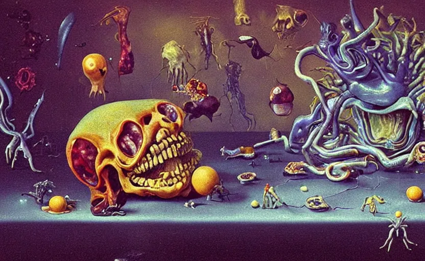 Image similar to terrifying alienbody, lurid colorful oil painting dutch golden age vanitas still life balanced composition with malignant objects strange gooey transparent surfaces shiny metal reflections bizarre mutant meat insects rachel ruysch dali todd schorr very detailed perfect composition rule of thirds masterpiece canon 5 0 mm, cinematic lighting, photography, retro, film, kodachrome