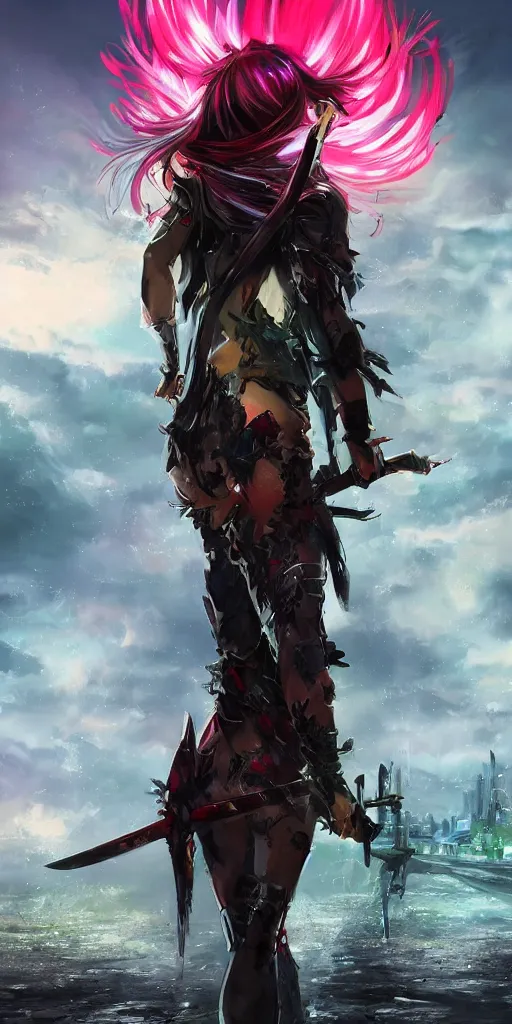 Prompt: back shot of one beautiful girl warrior in punk jacket gazing back into distance land, holding two swords, the swords glows in neon red. standing on wet road, digital art by wlop. artstation contest winner, cinematic paint. lower shot. dramatic cloud and ruined city in background.