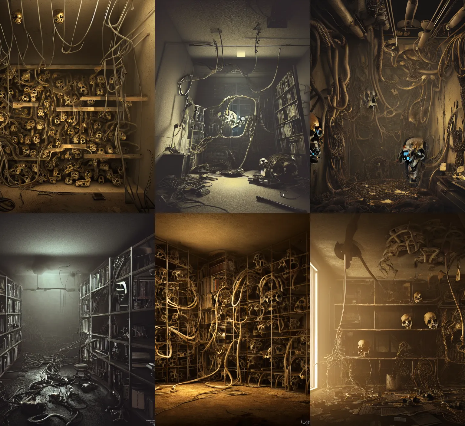 Prompt: creepy low angle shot of a realistically rendered metal room with tubes and cables coming out of a hole in the broken ceiling and a bookshelf filled with skulls on the back wall, dramatic lighting, moody lighting, dark colors, golden ratio, rule of thirds, environmental design, cinematic perspective, 8 k, realistic lighting, realistic shading, octane render