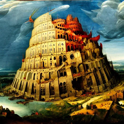 Image similar to a painting of the tower of babel, in the style of caspar david friedrich