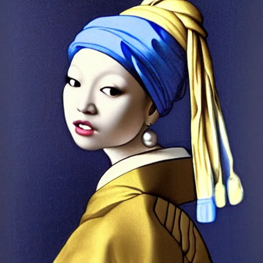 Prompt: portrait of a shiba inu wearing an exotic dress, an oriental turban, and what appears to be a very large pearl as an earring. in the style of girl with a pearl earring by johannes vermeer