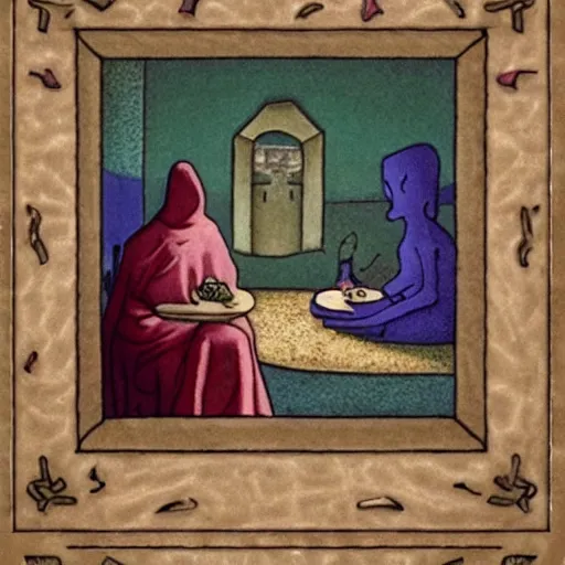 Image similar to the far side, phoenician casual by h. p. lovecraft. a beautiful performance art harmony of colors, simple but powerful composition. a scene of peaceful domesticity, with a mother & child in the center, surrounded by a few simple objects. colors are muted & calming, serenity & calm.