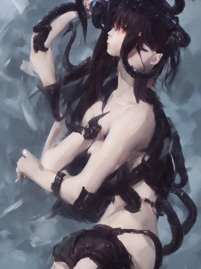 Prompt: a beautiful anime girl wtih black demon horns and snake tails,full body portrait,by ruan jia and Ilya Kuvshinov and Greg Rutkowski,super clear detailed,hyper realistic,trending on artstation,4k