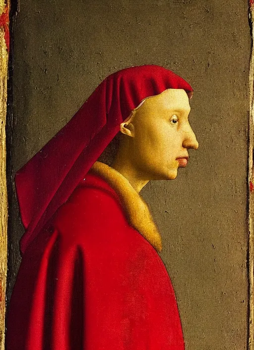 Image similar to Profile of Fallen Angel dressed in red, Medieval painting by Jan van Eyck, Johannes Vermeer, Florence