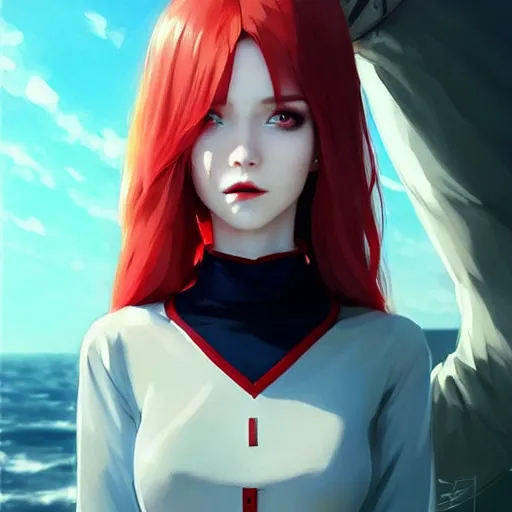 Image similar to beautiful pale vampire with red hair in a white turtleneck dress, arguing with a small blue godzilla on a super yacht, by guweiz and wlop and ilya kuvshinov and artgerm, symmetrical eyes, aesthetic, gorgeous, stunning, alluring, attractive, artstation, deviantart, pinterest, digital art