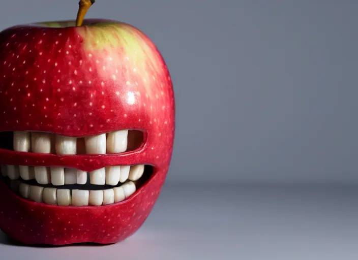 Image similar to photo still of an apple with human teeth, 8 k, studio lighting bright ambient lighting key light, 8 5 mm f 1. 8