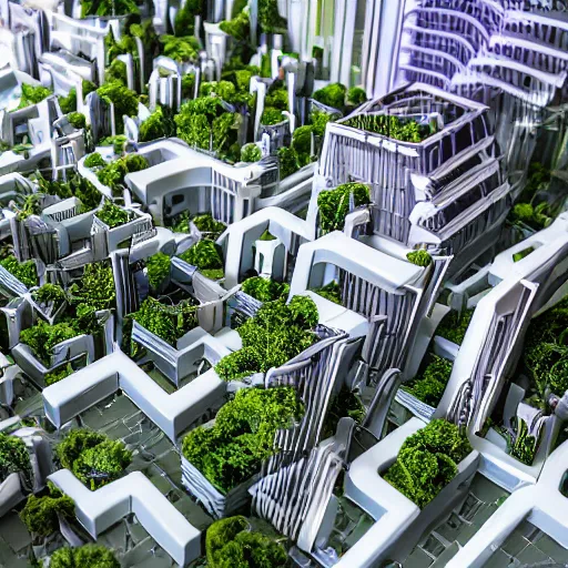 Image similar to architecture model of a futuristic city, lot of vegetation, light inside building, crowded street, table sized, maquette, axonometric, hyperrealism, photography