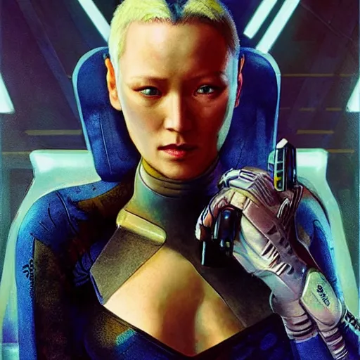 Prompt: pom klementieff as a cybernetic cyberpunk dream thief, painted by howard david johnson and james gurney